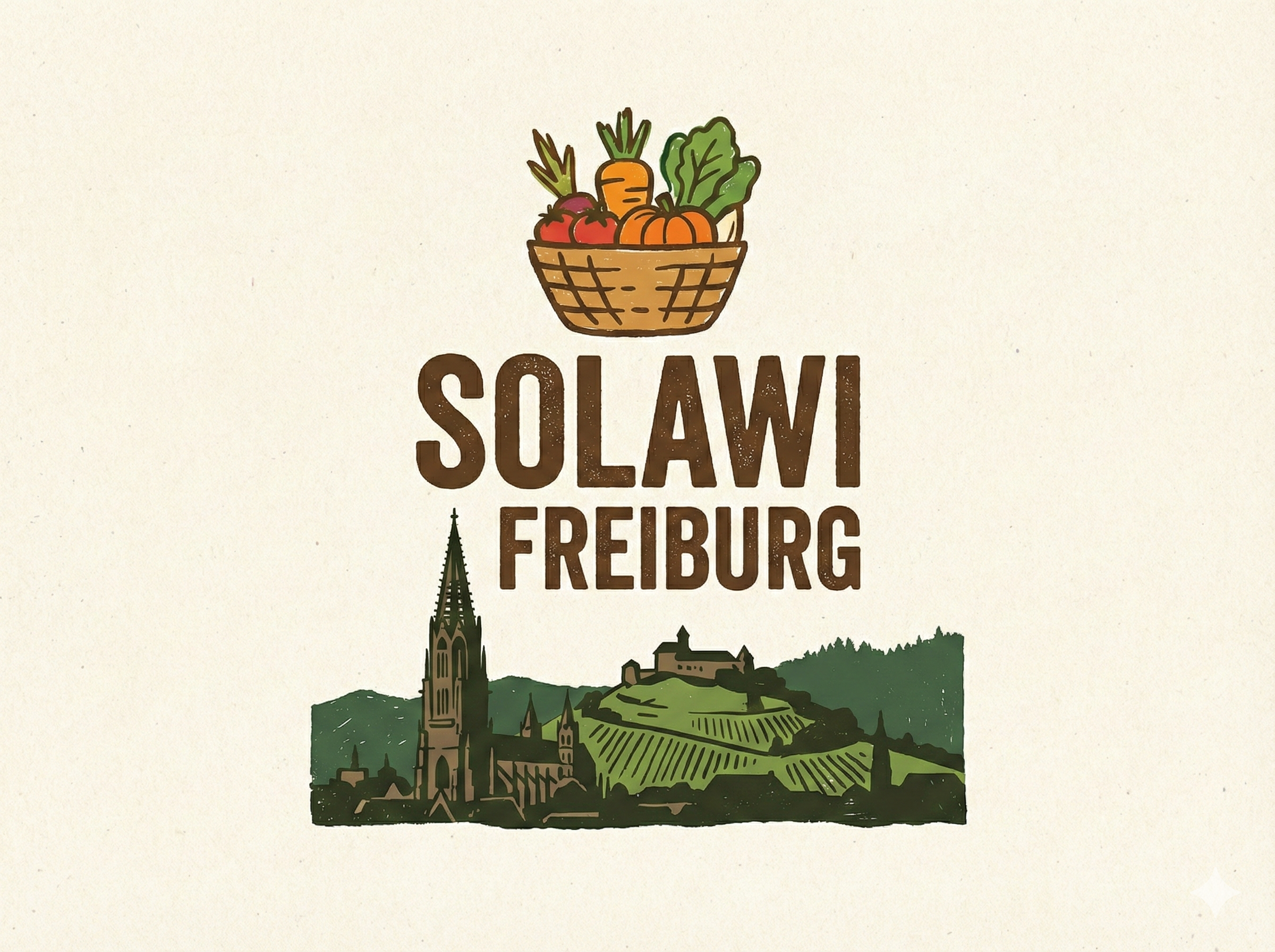 Logo Solawi Freiburg Stadt mit grünen Bergen im Hintergrund und über dem Schriftzug Ein gefüllter Gemüsekorb